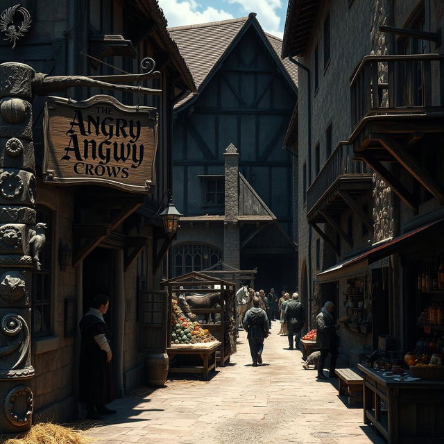 A dark fantasy scene of a medieval inn named 'The Angry Crows', its wooden sign creaking in the sunlight