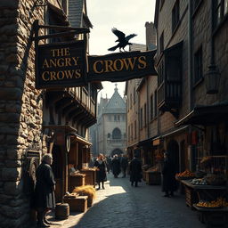 A dark fantasy scene of a medieval inn named 'The Angry Crows', its wooden sign creaking in the sunlight