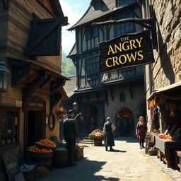 A dark fantasy scene of a medieval inn named 'The Angry Crows', its wooden sign creaking in the sunlight