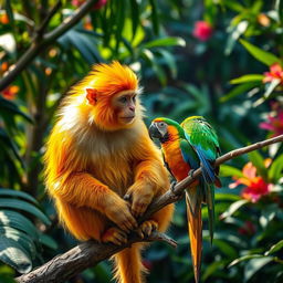 A majestic golden monkey sitting on a tree branch in a lush green jungle