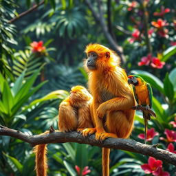 A majestic golden monkey sitting on a tree branch in a lush green jungle