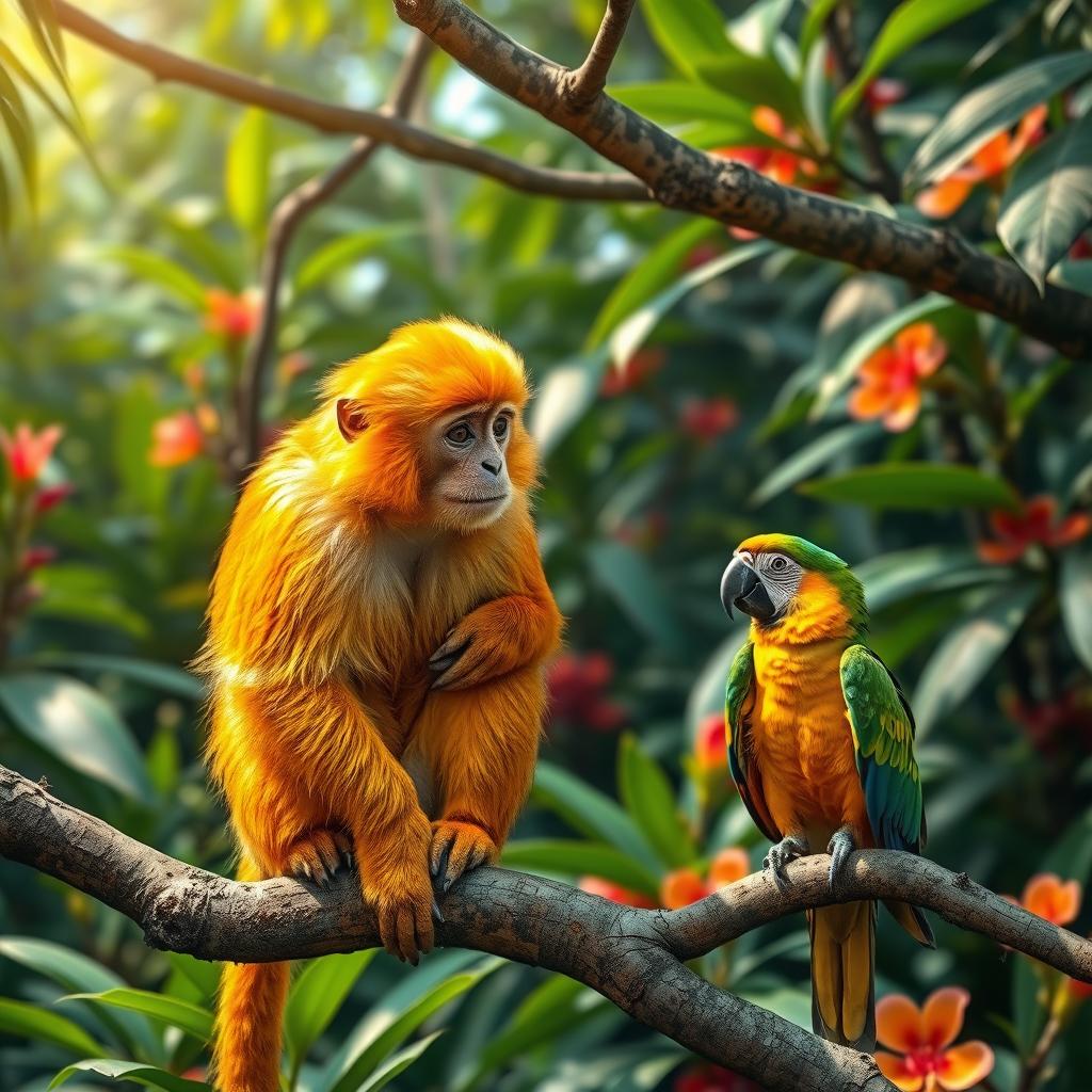 A majestic golden monkey sitting on a tree branch in a lush green jungle