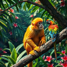 A majestic golden monkey sitting on a tree branch in a lush green jungle