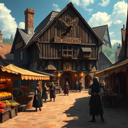 A vibrant dark fantasy scene featuring a medieval inn named 'The Angry Crows,' showcasing a rustic, imposing structure with a weathered wooden facade and a striking sign depicting crows in flight