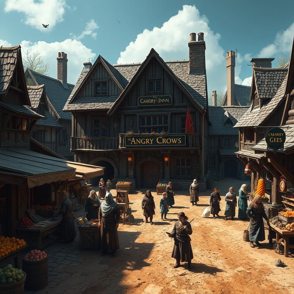 A vibrant dark fantasy scene featuring a medieval inn named 'The Angry Crows,' showcasing a rustic, imposing structure with a weathered wooden facade and a striking sign depicting crows in flight