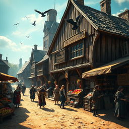 A vibrant dark fantasy scene featuring a medieval inn named 'The Angry Crows,' showcasing a rustic, imposing structure with a weathered wooden facade and a striking sign depicting crows in flight