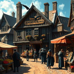 A vibrant dark fantasy scene featuring a medieval inn named 'The Angry Crows,' showcasing a rustic, imposing structure with a weathered wooden facade and a striking sign depicting crows in flight