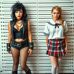 A full-length police line-up wall photograph featuring two striking 18-year-old girls