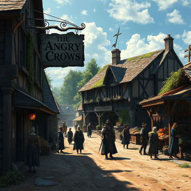 A captivating dark fantasy scene depicting a medieval inn named 'The Angry Crows,' featuring a prominent weathered sign swinging gently in the breeze