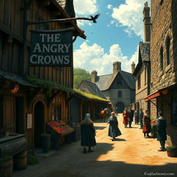 A captivating dark fantasy scene depicting a medieval inn named 'The Angry Crows,' featuring a prominent weathered sign swinging gently in the breeze