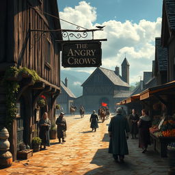 A captivating dark fantasy scene depicting a medieval inn named 'The Angry Crows,' featuring a prominent weathered sign swinging gently in the breeze