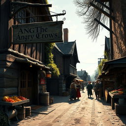 A captivating dark fantasy scene depicting a medieval inn named 'The Angry Crows,' featuring a prominent weathered sign swinging gently in the breeze