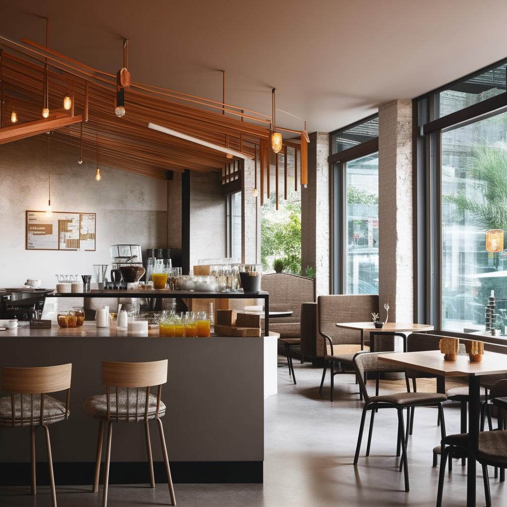 A contemporary style café, with modern furniture, sleek design elements, and chic decor