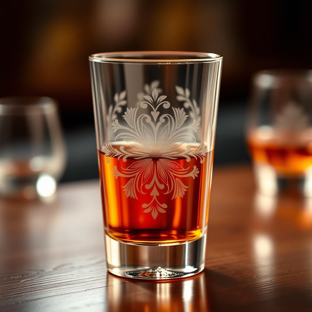 A beautifully designed whiskey glass featuring intricate engravings and a unique artistic pattern