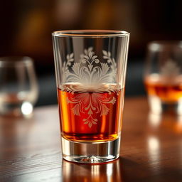 A beautifully designed whiskey glass featuring intricate engravings and a unique artistic pattern