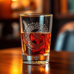 A beautifully designed whiskey glass featuring intricate engravings and a unique artistic pattern