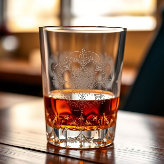 A beautifully designed whiskey glass featuring intricate engravings and a unique artistic pattern