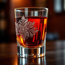 A beautifully designed whiskey glass featuring intricate engravings and a unique artistic pattern