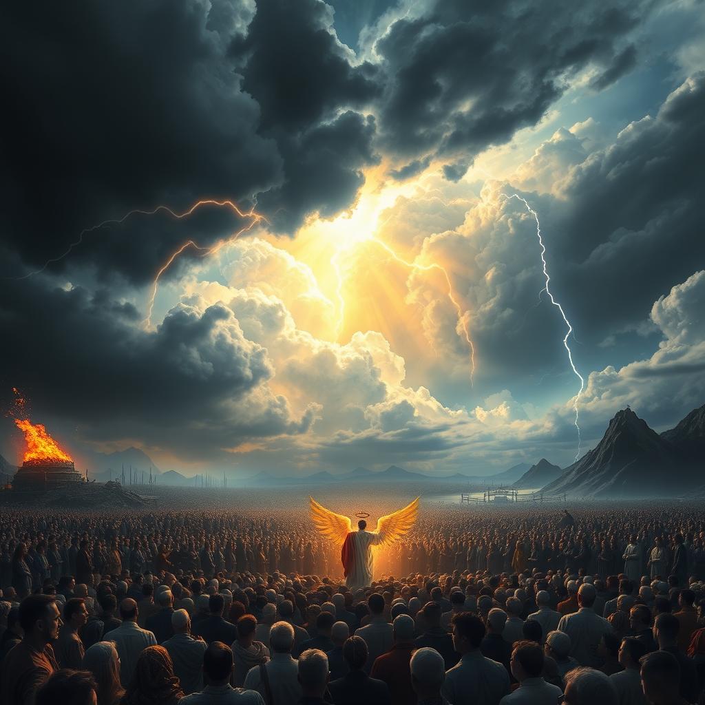 An imaginative scene depicting the Day of Judgment as described in the Quran, featuring a vast, dramatic landscape filled with awe and reverence