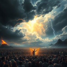 An imaginative scene depicting the Day of Judgment as described in the Quran, featuring a vast, dramatic landscape filled with awe and reverence