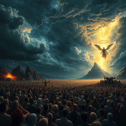 An imaginative scene depicting the Day of Judgment as described in the Quran, featuring a vast, dramatic landscape filled with awe and reverence