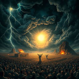 An imaginative scene depicting the Day of Judgment as described in the Quran, featuring a vast, dramatic landscape filled with awe and reverence