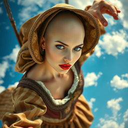 A beautiful bald woman depicted in a medieval dress adorned with intricate patterns