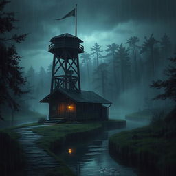 A captivating dark fantasy scene depicting a small army barracks accompanied by a towering lookout tower, strategically positioned to overlook a dense, shadowy forest