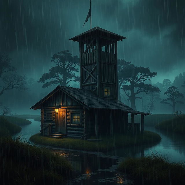 A captivating dark fantasy scene depicting a small army barracks accompanied by a towering lookout tower, strategically positioned to overlook a dense, shadowy forest