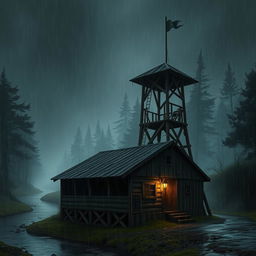 A captivating dark fantasy scene depicting a small army barracks accompanied by a towering lookout tower, strategically positioned to overlook a dense, shadowy forest