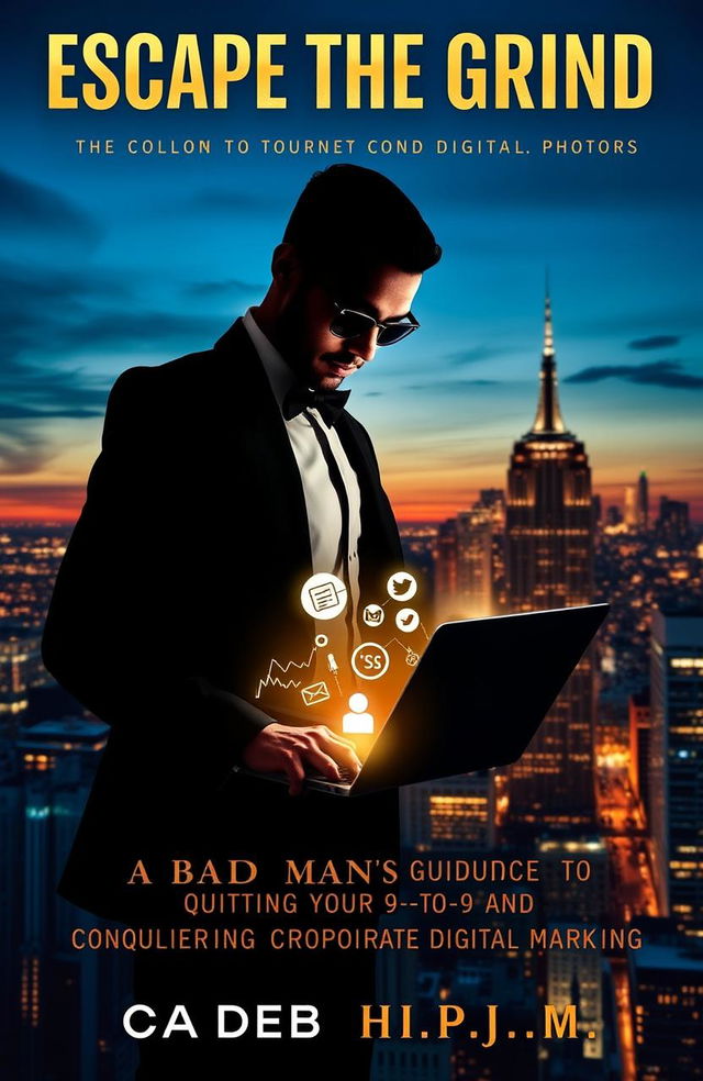 A seductive and intriguing book cover design for 'Escape the Grind: A Bad Man's Guide to Quitting Your 9-to-5 and Conquering Digital Marketing'