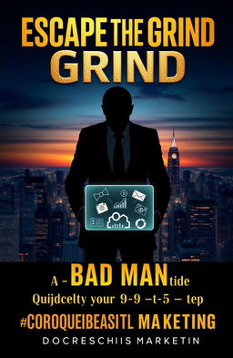A seductive and intriguing book cover design for 'Escape the Grind: A Bad Man's Guide to Quitting Your 9-to-5 and Conquering Digital Marketing'