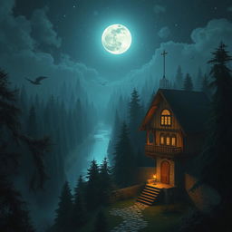 An enchanting fantasy scene featuring an army barracks with a tall, imposing lookout tower, designed to oversee a sprawling forest at night