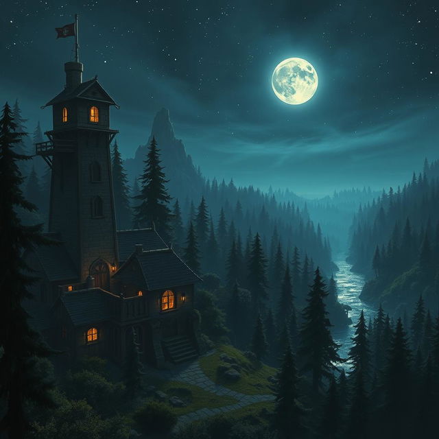 An enchanting fantasy scene featuring an army barracks with a tall, imposing lookout tower, designed to oversee a sprawling forest at night