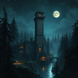 An enchanting fantasy scene featuring an army barracks with a tall, imposing lookout tower, designed to oversee a sprawling forest at night
