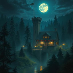 An enchanting fantasy scene featuring an army barracks with a tall, imposing lookout tower, designed to oversee a sprawling forest at night