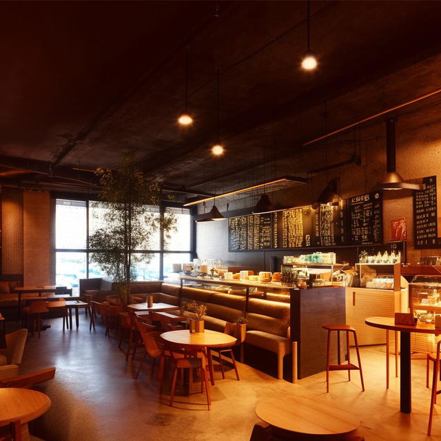 A contemporary style cafe, featuring modern furniture, stylish interior decor and well-lit ambience.