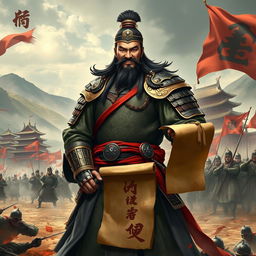 A fierce and strategic warlord inspired by Sima Yi from the Han dynasty, depicted in traditional Chinese armor
