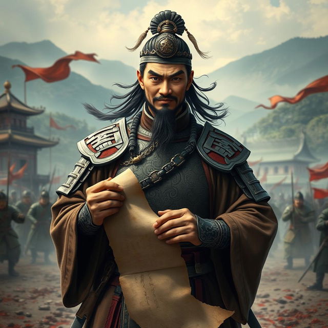 A fierce and strategic warlord inspired by Sima Yi from the Han dynasty, depicted in traditional Chinese armor