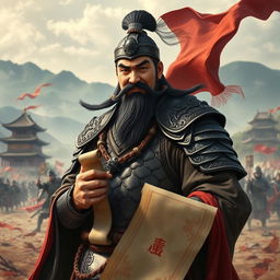 A fierce and strategic warlord inspired by Sima Yi from the Han dynasty, depicted in traditional Chinese armor