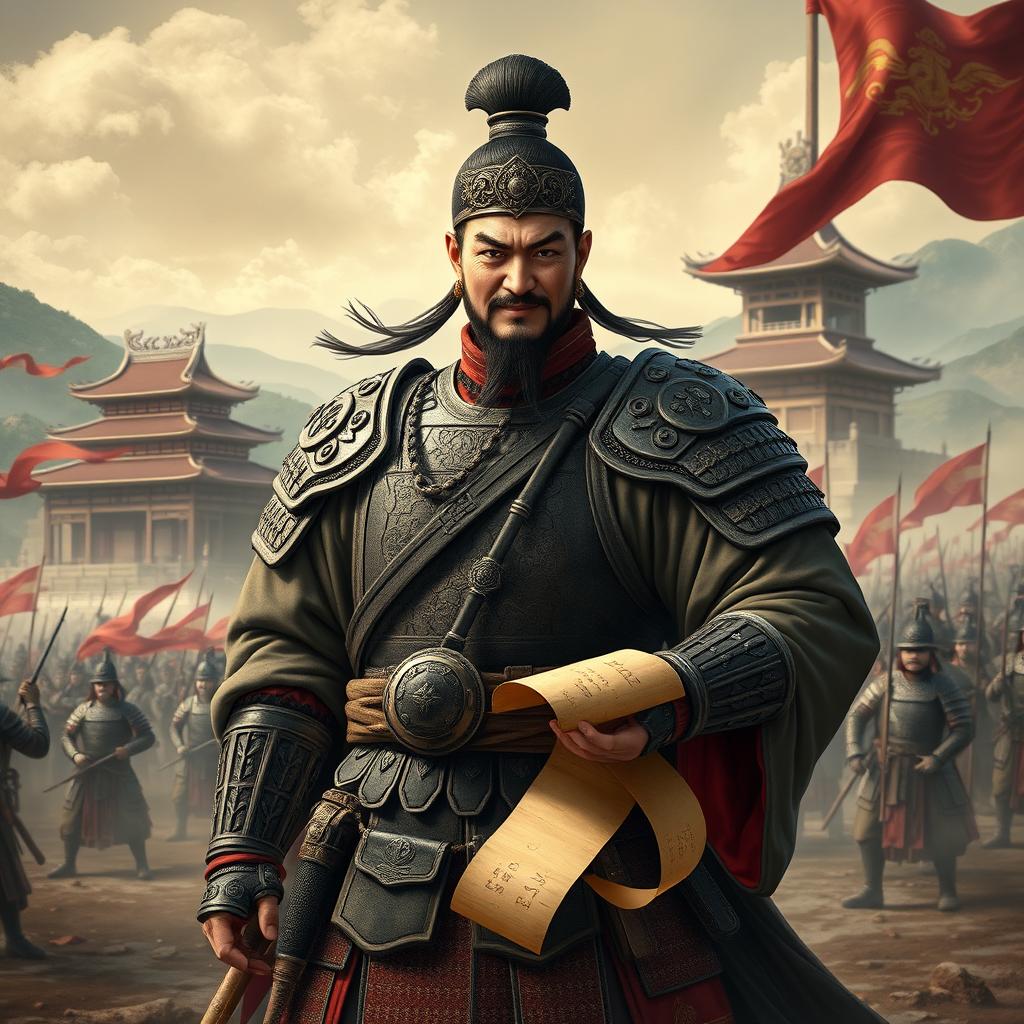 A fierce and strategic warlord inspired by Sima Yi from the Han dynasty, depicted in traditional Chinese armor