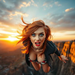 A beautiful, sexy redhead with pigtails, sparkling blue eyes, and luscious red lips, depicted mid-fall from a dramatic cliff