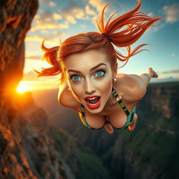 A beautiful, sexy redhead with pigtails, sparkling blue eyes, and luscious red lips, depicted mid-fall from a dramatic cliff