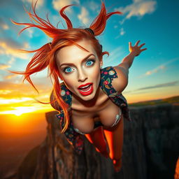 A beautiful, sexy redhead with pigtails, sparkling blue eyes, and luscious red lips, depicted mid-fall from a dramatic cliff