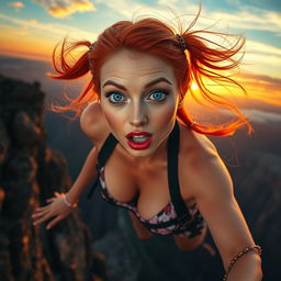 A beautiful, sexy redhead with pigtails, sparkling blue eyes, and luscious red lips, depicted mid-fall from a dramatic cliff