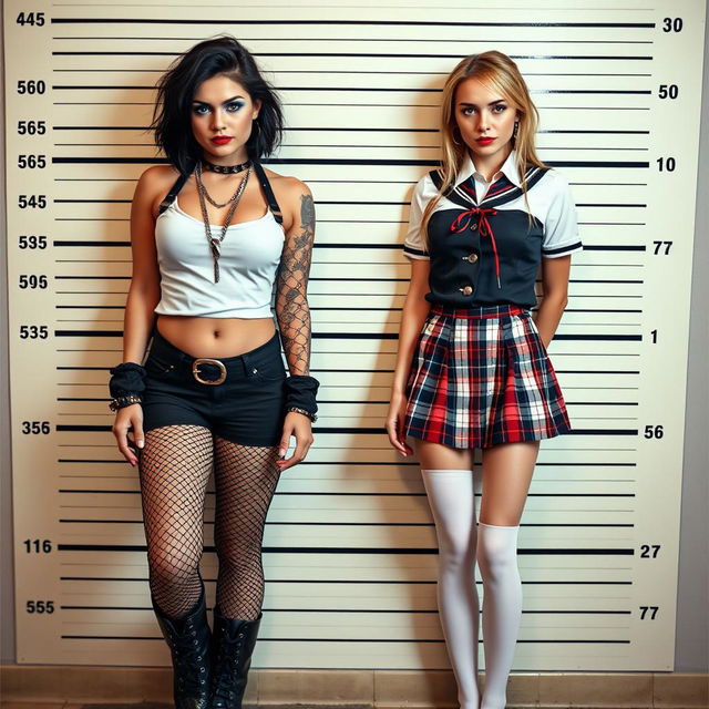 A full-length police line-up wall photograph featuring two captivating 18-year-old girls