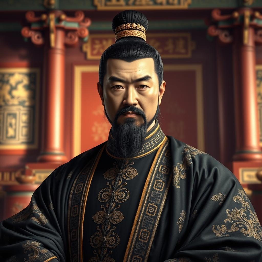 A historical portrait of Zhang Rang, a significant statesman from the Han Dynasty, depicted in traditional Han attire with rich details