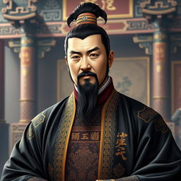 A historical portrait of Zhang Rang, a significant statesman from the Han Dynasty, depicted in traditional Han attire with rich details