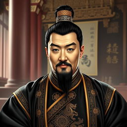 A historical portrait of Zhang Rang, a significant statesman from the Han Dynasty, depicted in traditional Han attire with rich details