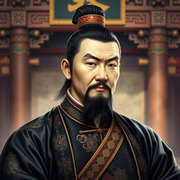 A historical portrait of Zhang Rang, a significant statesman from the Han Dynasty, depicted in traditional Han attire with rich details